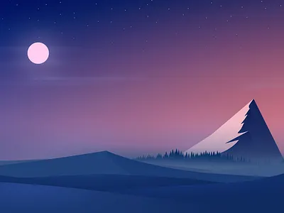 Eastern light desert dunes illustration moon mountain night scene sky stars trees