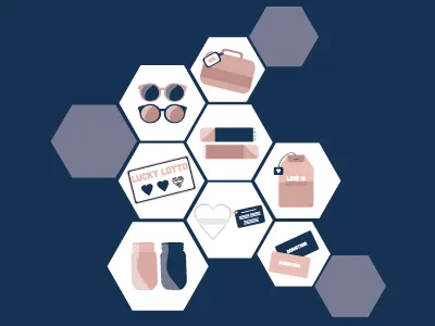 8 Budget Friendly Wedding Favors - Illustrations budget chapstick heart illustrations jars lotto navy pink suitcase sunglasses tea wedding