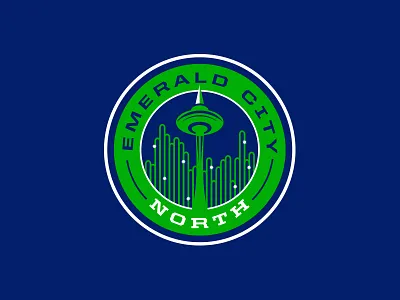 Emerald City North badge emerald city fantasy football football illustration logo seahawks seattle skyline space needle