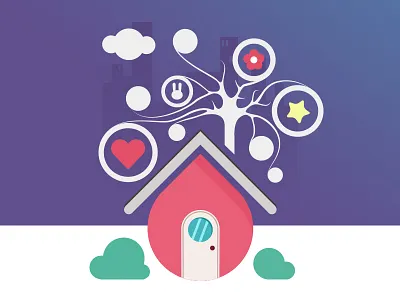 Tree-House Illustration bright concept door flower house purple red star tree visualcookies