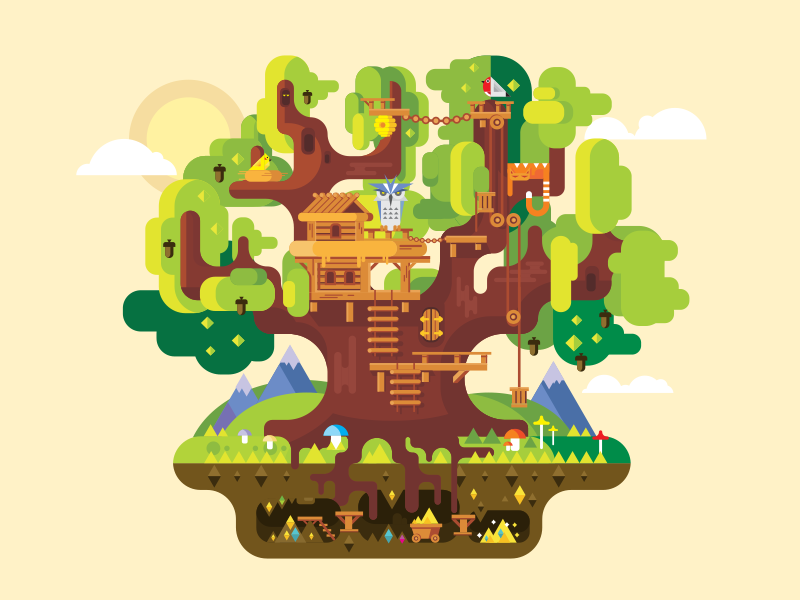 Fabulous tree house buldung fabilous fairy flat gold house illustration. tree kit8 vector