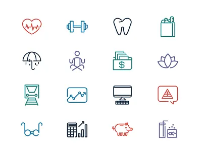 Grovo benefits icons communication computer drinks food grovo happy health icons meditation money pig platform