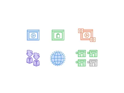 Online Video Strategy Icons building globe icon icongraphy man person purchase shop video world