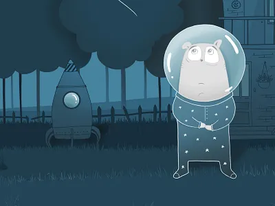 The bear :) bear blue cartoon house pjs sad space spaceship
