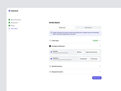 SignVault - Onboarding clean data design enterprise flow forms input interface minimal onboarding product design progress saas settings stepper ui ui design ux ux design web