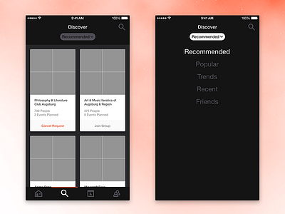 Discover app clean dark event group ios iphone ui user interface