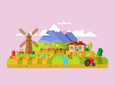 House in village, farm background farm field flat house illustration kit8 landscape mountain nature vector village