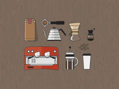 Coffee Essentials Icons chemex coffee coffee bag espresso machine french press grinder icons illustration kettle line art tamper xprocrastinationcontest