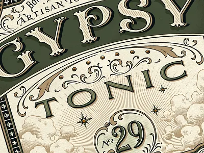 Gypsy Tonic branding decorative design etching illustration label design logo ornate packaging design retro traditional vintage