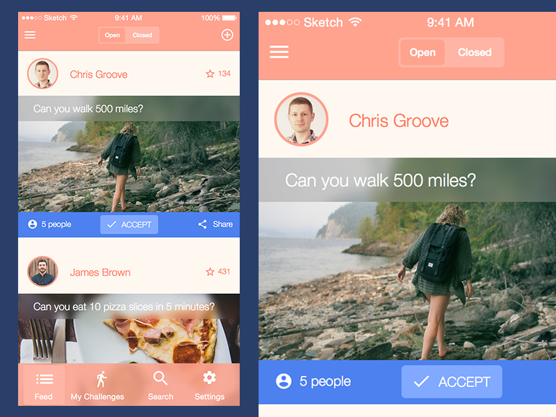 Challenge App UI/UX (iOS) - Sketch Freebie file free freebie ios iphone resource sketch sketchapp ui user experience user interface ux