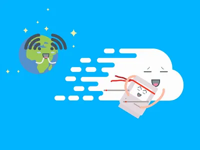 Cloud computer boosting cloud computer flat illustration speeding