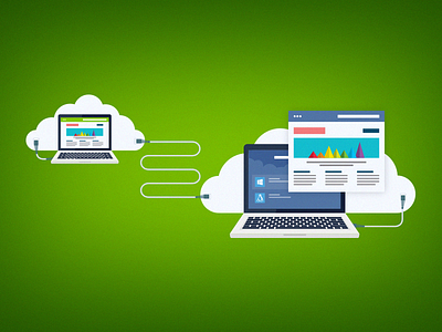 Transfer Hosting clouds computer flat illustration website