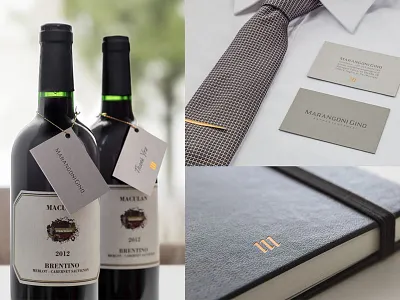 Visual Identity Marangoni Gino brand business cards copper hot foil elegant favini burano paper logo design minimal print design sober stationery wine bottle