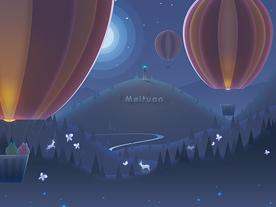 Fly to the moon color hill illustration night sky