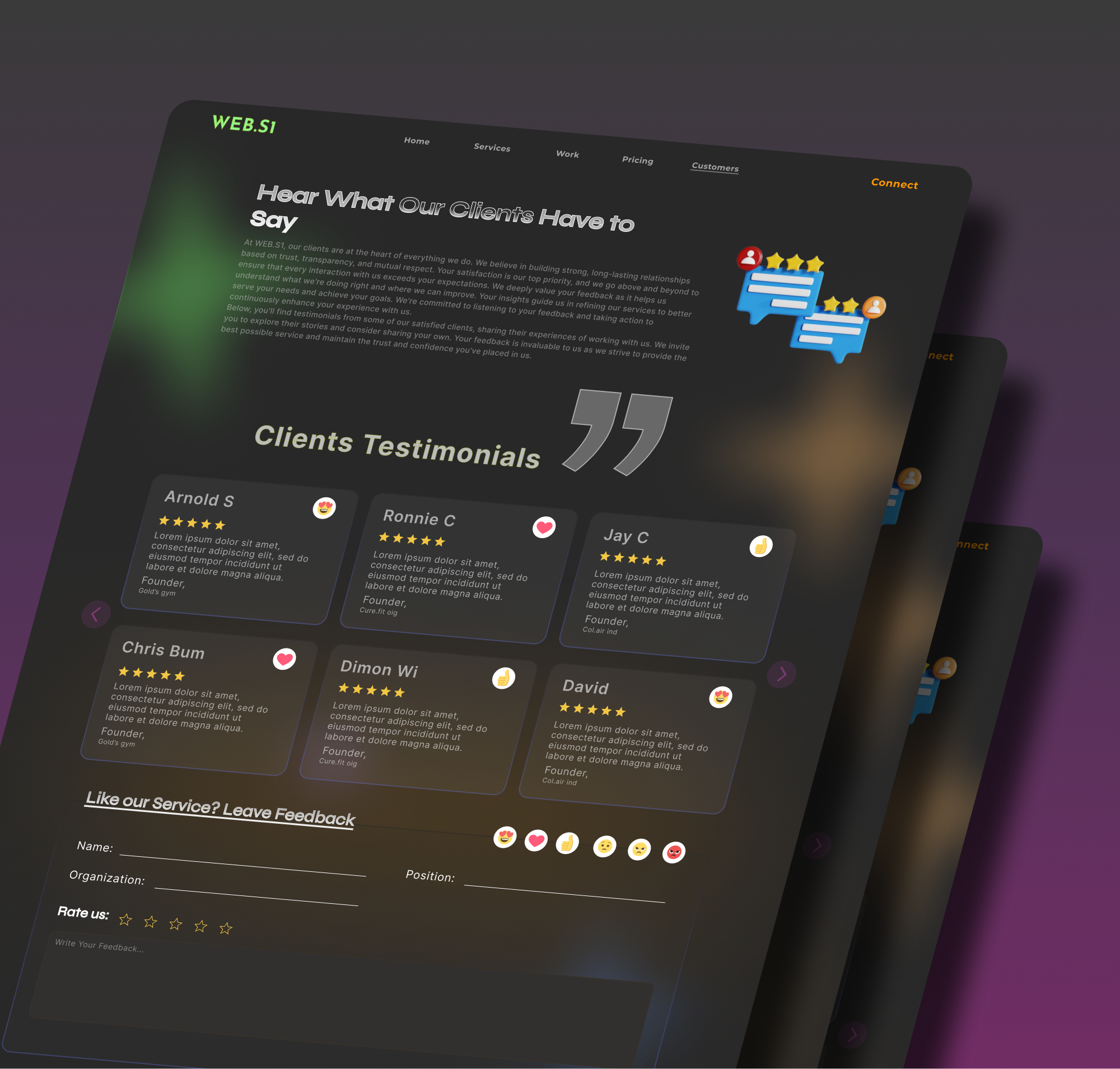 Web service Client rating page branding client page clientrating clienttestimonial design designer figma glassmorphic glassmorphism graphic design illustration logo minimalist design ratingpage ratings review page reviews ui vector webservice