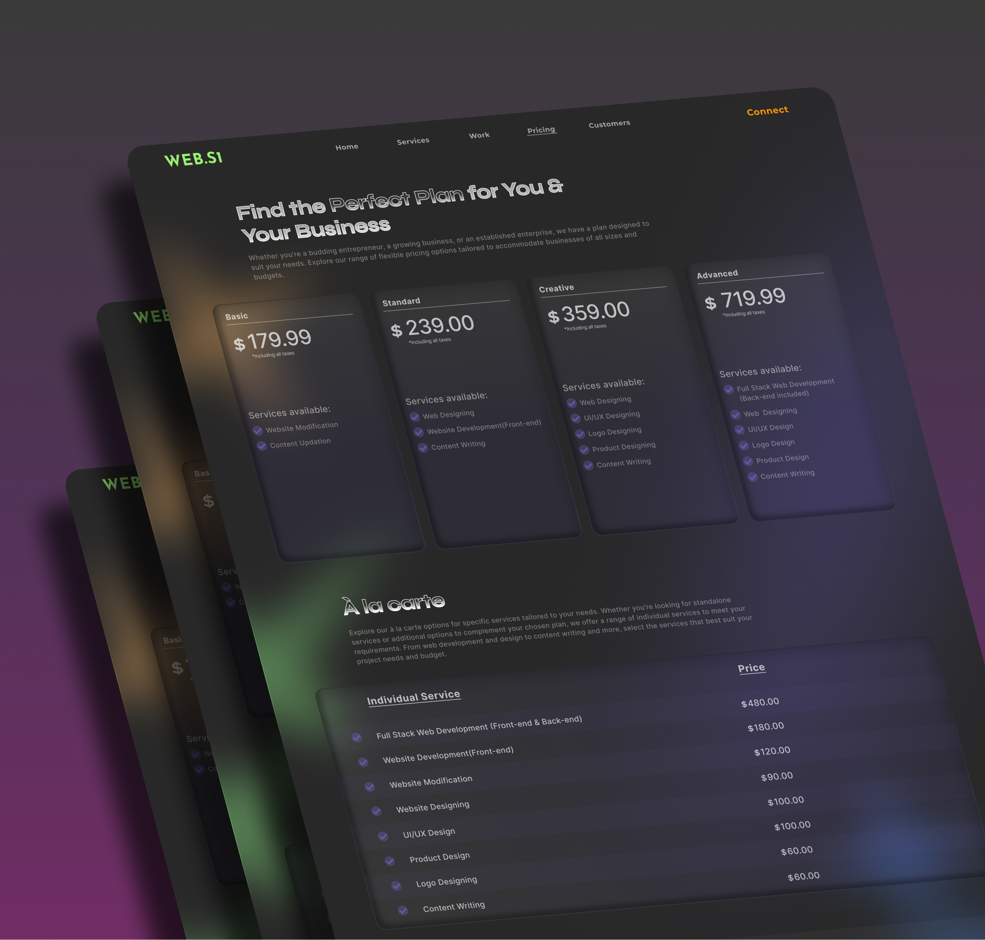 Web service Platform design designer figma glass glass effect glassmorphism graphic design illustration minimalist design price pricing pricingpage ratecard servicepage servicepricing ui ux web solutions webservices