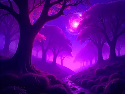 Monochrome conceptart cybermystic darkfantasy digitalart dreamyvibes dribbbleart dribbbleshots fantasyart glowingtrees monochromaticart mysticalforest neonnature neonvibes nightscape purpleaesthetic scifiillustration surreal surrealart visualstorytelling