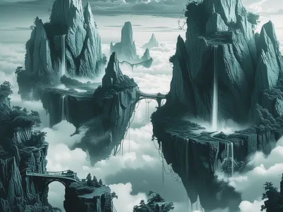 Monochrome cinematicart conceptart digitalart dreamyvibes dribbbleart dribbbleshots epiclandscape epicscenery fantasyart floatingmountains mistyvalleys monochromaticart monochrome mysticalart scififantasy scifiillustration surrealart tealaesthetic visualstorytelling