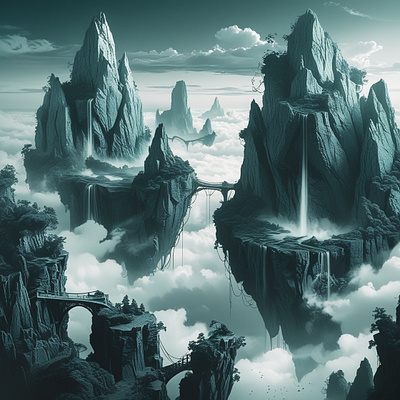 Monochrome cinematicart conceptart digitalart dreamyvibes dribbbleart dribbbleshots epiclandscape epicscenery fantasyart floatingmountains mistyvalleys monochromaticart monochrome mysticalart scififantasy scifiillustration surrealart tealaesthetic visualstorytelling