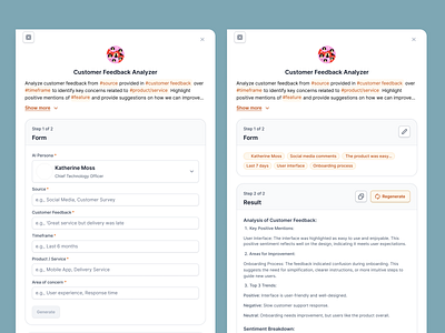 Form Experience after ai ai prompt before copy default edit field filled form generate hashtag journey persona placeholder prompt regenerate result sidesheet variable