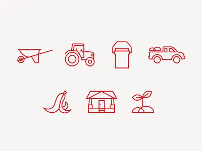 Compost Wheels Icons banana peel bucket bungalow compost house icons plant sprout tractor truck wheelbarrow