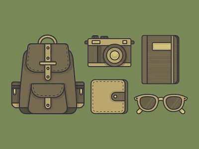 What's In Your Bag? backpack bag camera icon icons journal notebook sunglasses wallet