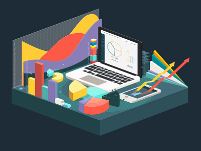 Connected Insight illustration 3d charts computer data illustration imac iphone isometric macbook pie technology