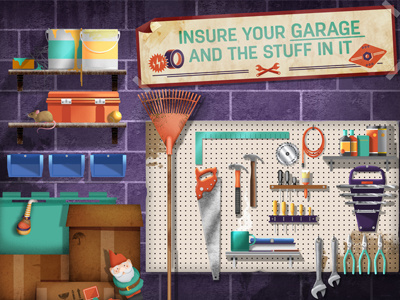 Hollard bricks garage gnome hammer home illustration paint rake saw texture tools wall