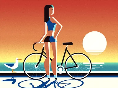 Sunset beach bike girl illustration seagull sun sunset