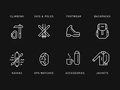 Product category icons for Hardhaus backpack climbing icon iconography illustration jacket kayak products shoes symbols watch