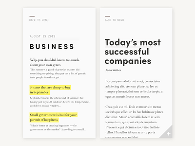 Minimal news feed/reader v.3 clean color editorial highlight minimal mobile news reader text type typography yellow