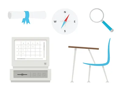 Flat Illustrations compass diploma illustrations magnifying glass old computer xero