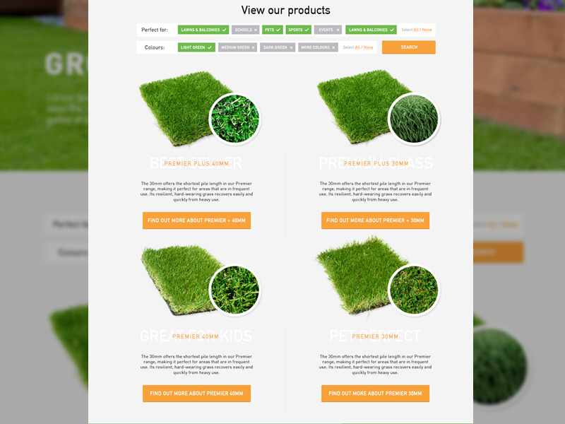 Artificial Grass Product Listings Page colour grass grid layout listing making grass listings look cool page photography product typography ui web