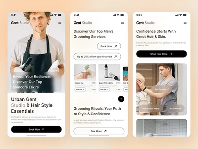 Mobile-Responsive Barber Shop UI | Gent Studio barber shop design barber shop ui design booking app ui clean minimal design grooming studio ui haircut booking app mens grooming app mobile friendly design mobile responsive ui modern mobile design user friendly interfaces