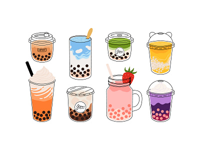 Bubble tea drinks beverage boba bubble cartoon coffee concept design drink flat illustration matcha milk tapioca tea vector