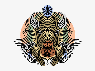 Native American Tattoo colored american bison buffalo feather indian linework native tattoo tomahawk