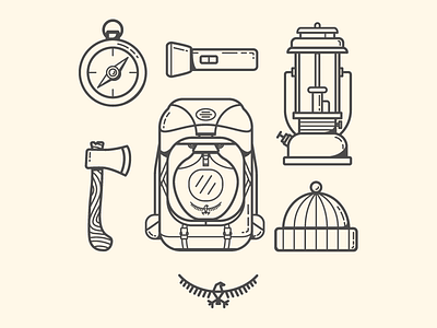 The Essentials - Osprey Packs backpack beanie camping compass hatchet illustration lantern line art monoweight osprey packs pattern shirt