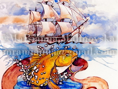 yellow fish drawing fish graphics illustration palette sailboat watercolor