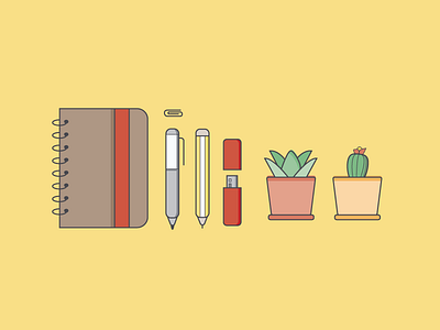 Stationaries & Plants illustration notebook paperclip pen pencil plants pot succulents usb vector