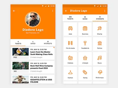 User Profile categories icons list cards profile saved events tickets