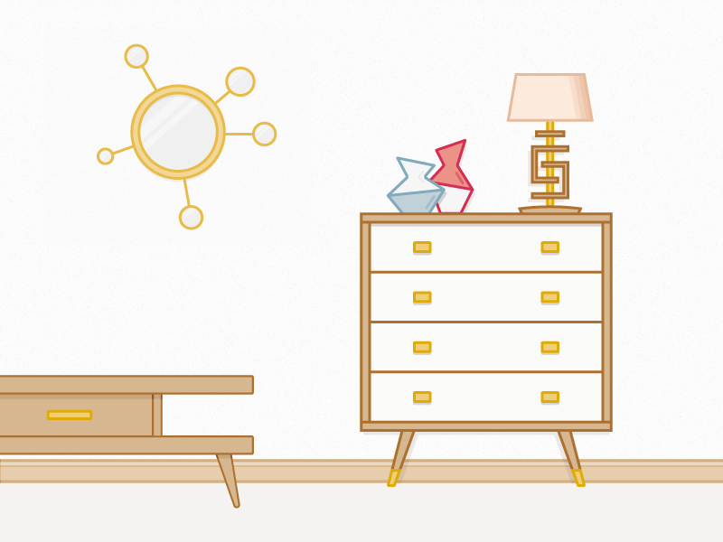 Mid Century Furniture Kick clean furniture gold lamp line art mad men mid century mirror scene shadow texture vector
