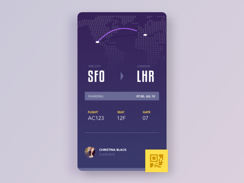 Boarding Pass animation animation boarding flight material pass purple qr seat transition travel trip