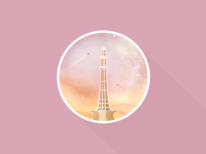 Minar-e-Pakistan birds circle desert illustration light colours minar e pakistan monument pakistan plane