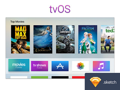 Apple tvOS UI Kit for Sketch apple tv appletv free freebie ios9 sketch tvos ui ui kit ux