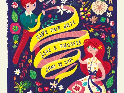 Flowers character children date illustration invitation save wedding wemple