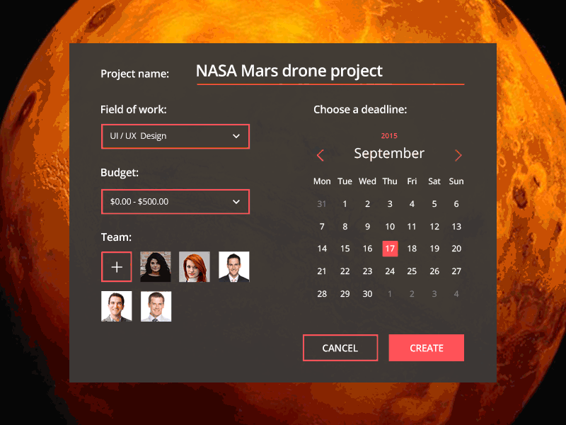 015 - Create Project Modal animation create field modal nasa project team ui view