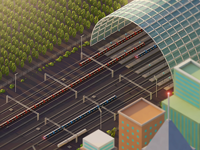 Low poly city fragment 6 / Railway station antonmoek c4d cinema4d city digital art illustration isometric lowpoly polygonal polygons render