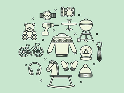 Holiday gifts bike camera drill globe grill hat icon illustration sweater teddy bear tie watch