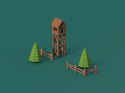 Isometric Tree design fence flat green isometric tower tree