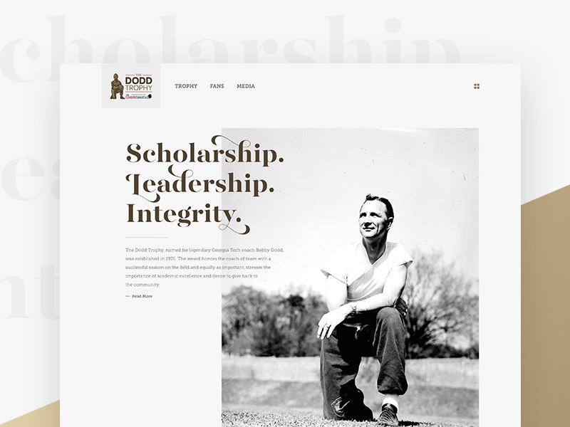 Dodd Trophy clean football landing page minimal script trophy vintage web